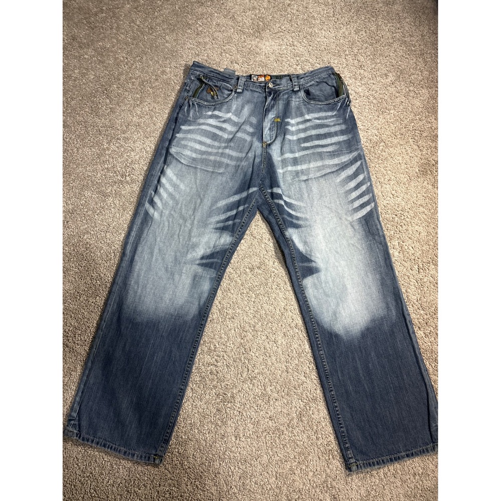 Akademiks Baggy Blue Denim Jeans Mens 38 Y2K Streetwear Embroidered Wide Leg